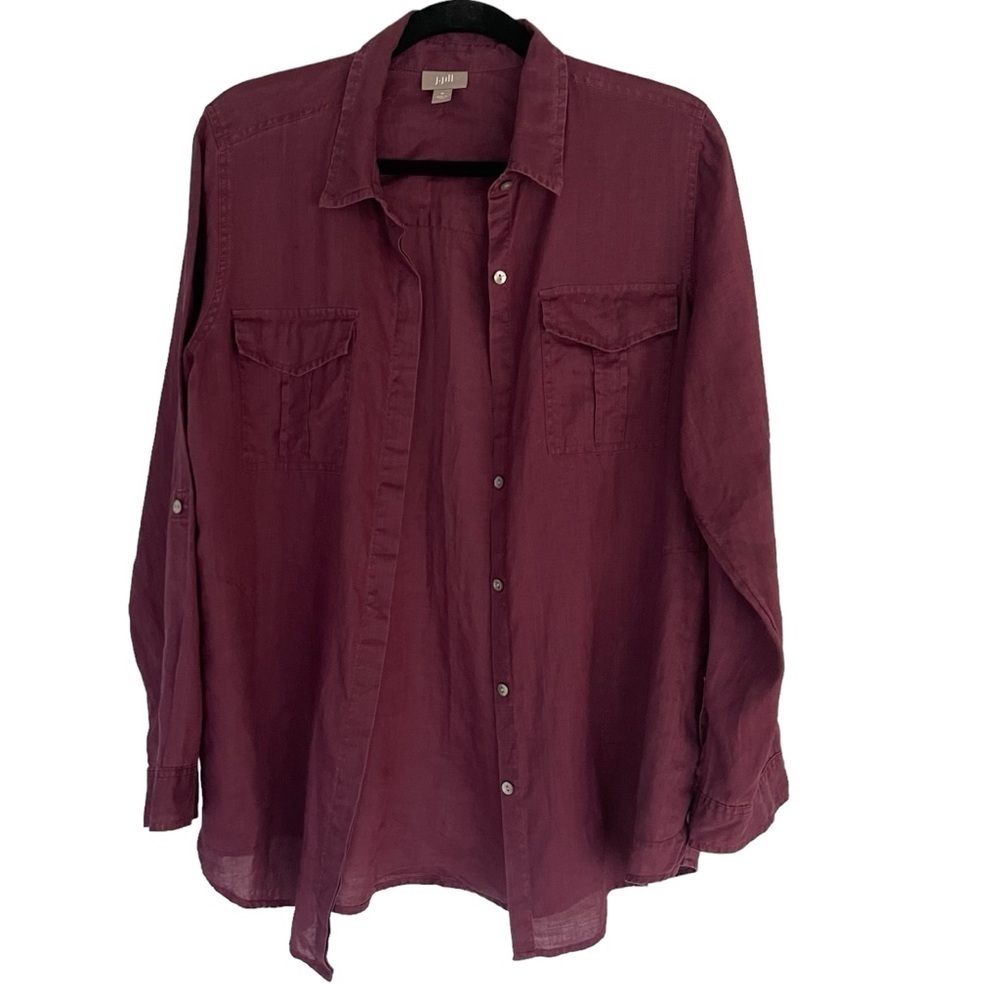 J Jill Wine 100% Ramie Button Down Roll Tab Sleeve Lightweight Seam Pockets sM